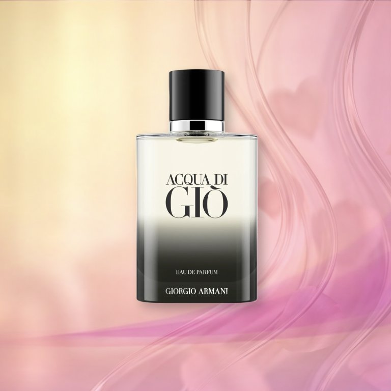Bottle of Georgio Armani Acqua di Gio Eau de Parfum on a pink textured background