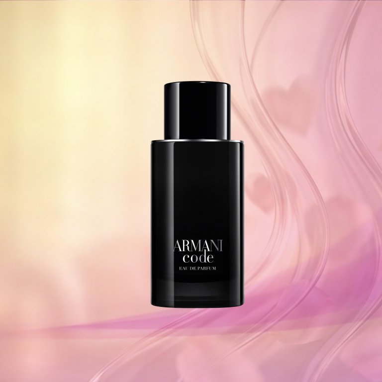 Bottle of Georgio Armani Code Eau de Parfum on a pink textured background