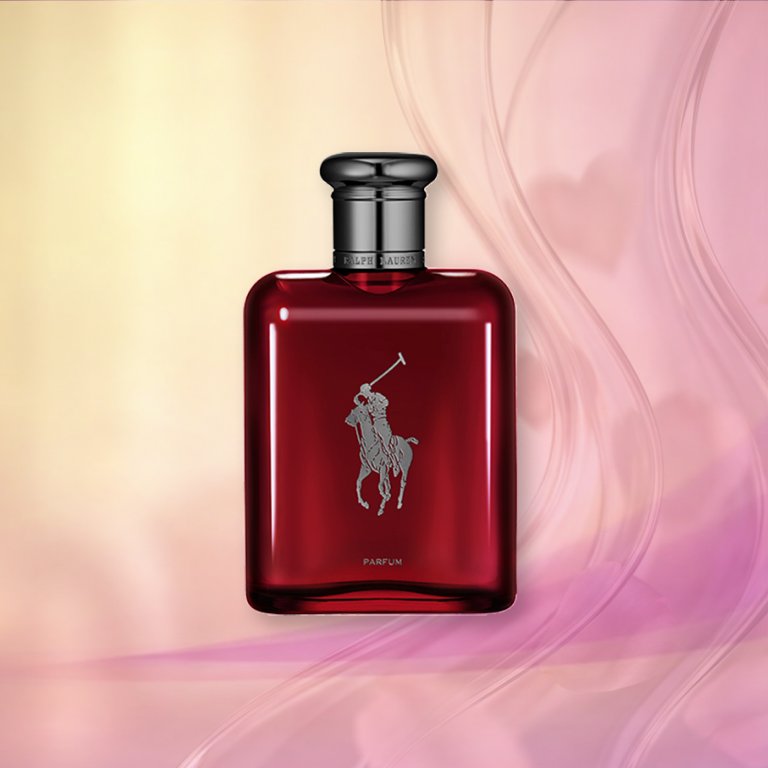 Bottle of Ralph Lauren Polo Red Parfum on a pink textured background