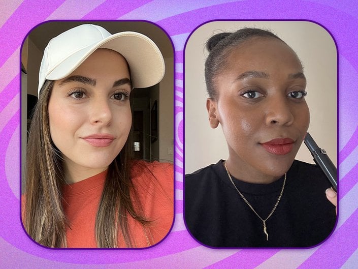 Two people wearing Giorgio Armani Beauty Lip Power Longwear Satin Lipstick on purple graphic background