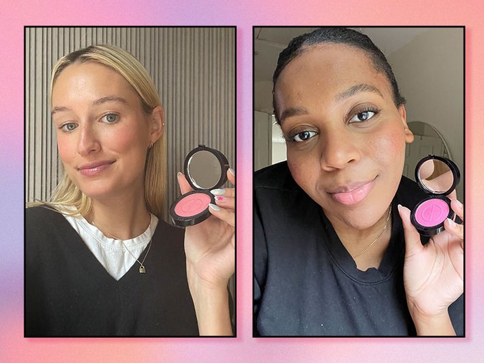 Photo of two editors holding the Giorgio Armani Beauty Luminous Silk Glow Blush