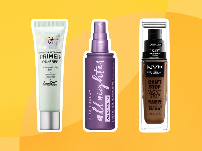 it cosmetics your skin but better oil-free primer, urban decay all nighter ultra matte setting spray, nyx professional makeup can't stop won't stop foundation