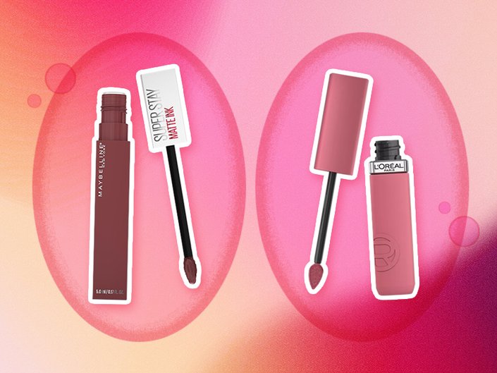 Collage of the Maybelline New York SuperStay Matte Ink Liquid Lipstick in Mover and the L’Oréal Paris Infallible Matte Resistance Liquid Lipstick in Road Tripping on a pink and orange gradient graphic background