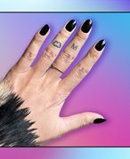 Person's hand with nails painted black, collaged on a purple and blue graphic background