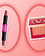 The NYX Professional Makeup Wonder Stick Blush in 03 Coral and Deep Peach and the Valentino Beauty Eye2Cheek Blush and Eyeshadow in Poudre on a red gradient background