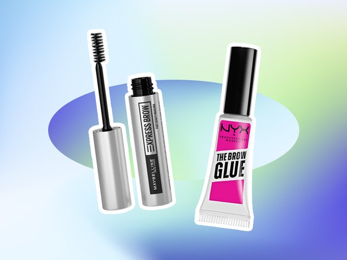 Maybelline New York Express Brow Fast Sculpt Clear Brow Gel and NYX Professional Makeup The Brow Glue Instant Brow Styler collaged on a blue and green graphic background