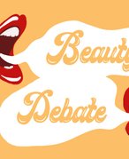 A graphic featuring two mouths wearing red lipstick and the phrase “Beauty Debate” between them.