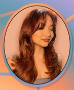 Photo of a person with long copper hair cut in layers, collaged on a blue and orange graphic background