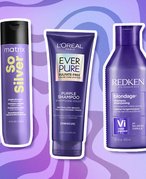 Picture of the Matrix Total Results So Silver Purple Shampoo for Blonde Hair, L'Oréal Paris EverPure Sulfate-Free Brass Toning Purple Shampoo and the Redken Color Extend Blondage Color Depositing Shampoo  on a swirly purple graphic background
