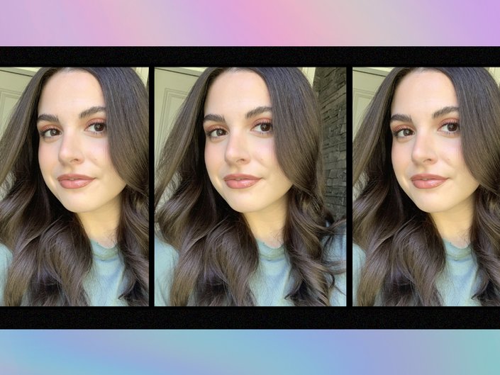 Triptych featuring a woman with brown hair and natural foundation, shown in three identical images.