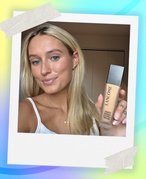 Photo of an editor wearing and holding up the Lancôme Teint Idole Ultra Wear Foundation collaged on a blue and yellow background 