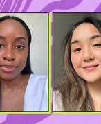 Two people with lash lifts on graphic purple background