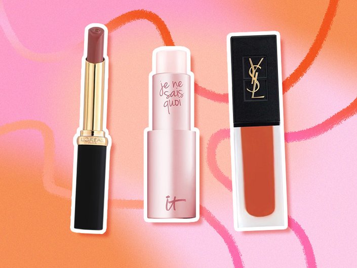 L’Oréal paris, IT cosmetics and YSL lip contour products on a pink swirl background