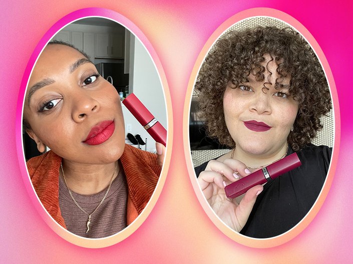 editors wearing the loreal paris le matte resistance liquid lipstick collaged onto a hot pink background