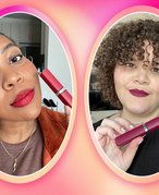 editors wearing the loreal paris le matte resistance liquid lipstick collaged onto a hot pink background