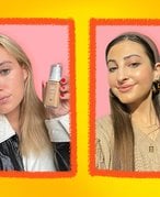 Collage of two beauty editors with foundation-covered complexions, one holding a bottle of L’Oréal Paris True Match Super-Blendable Foundation.