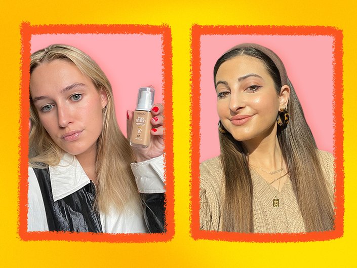 Collage of two beauty editors with foundation-covered complexions, one holding a bottle of L’Oréal Paris True Match Super-Blendable Foundation.