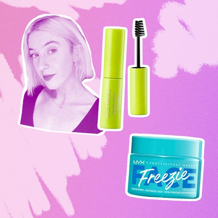 nyx face freezie primer and half magic grippie brow gel collaged onto a pink background with a photo of ariel