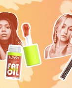 collage of editors on an orange background with the lancome liquid liner and nyx professional makeup fat lip oil
