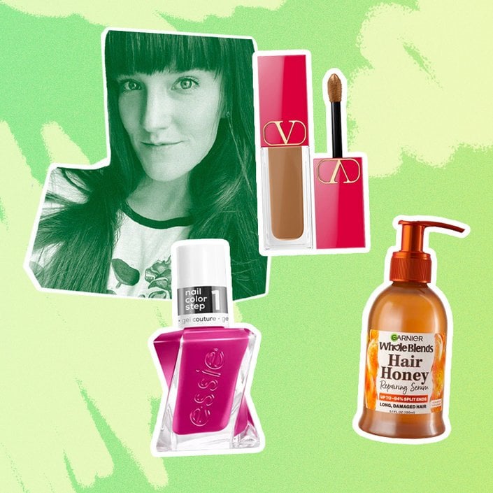 Essie Gel Couture Nail Polish Fashion Freedom nail polish, Valentino Beauty Very Valentino Concealer and the Garnier Whole Blends Hair Honey Repairing Serum collaged onto a green background with a photo of victoria