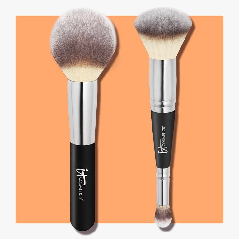 IT Cosmetics foundation and powder brushes side-by-side