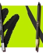 An Urban Decay eyeliner, a NYX Professional Makeup eyeliner and a Lancôme eyeliner on a green graphic background.