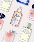 Collage of Viktor & Rolf Flowerbomb Eau de Parfum, YSL Beauty Black Opium Eau de Parfum and Valentino Beauty Donna Born in Roma Coral Fantasy Eau de Parfum on a pink and purple background