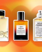 three fragrance bottles on graphic background