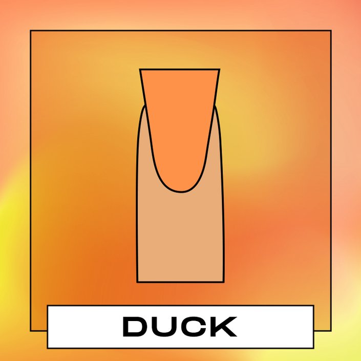 Illustration of a finger with an orange duck nail on an orange and yellow graphic background