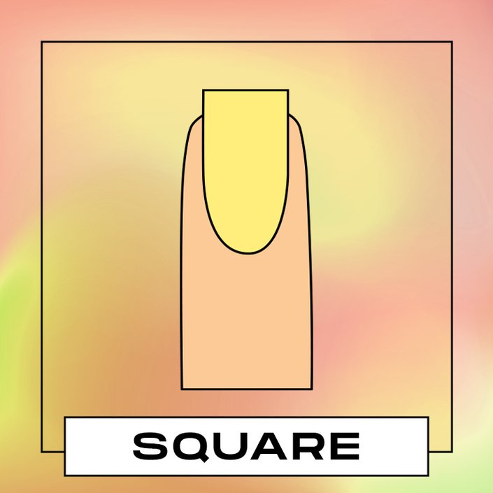 Illustration of a finger with a square shaped nail painted yellow, on a yellow graphic background