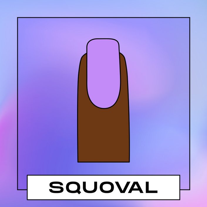 Illustration of a finger with a squoval shaped nail painted purple on a purple graphic background