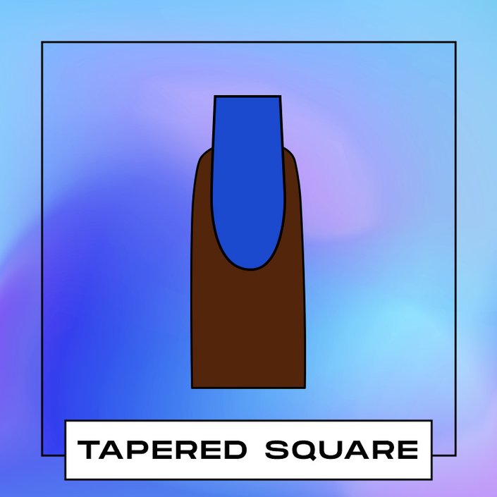 Photo of a finger with a tapered square nail painted blue, collaged on a blue background