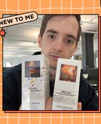 A designed graphic featuring an image of the editor, Stephen Rubino, holding up two packaged bottles of Maison Margiela REPLICA fragrance.