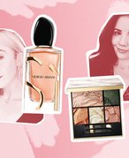 editor photos collaged on a pink background with makeup products including a palette and a perfume