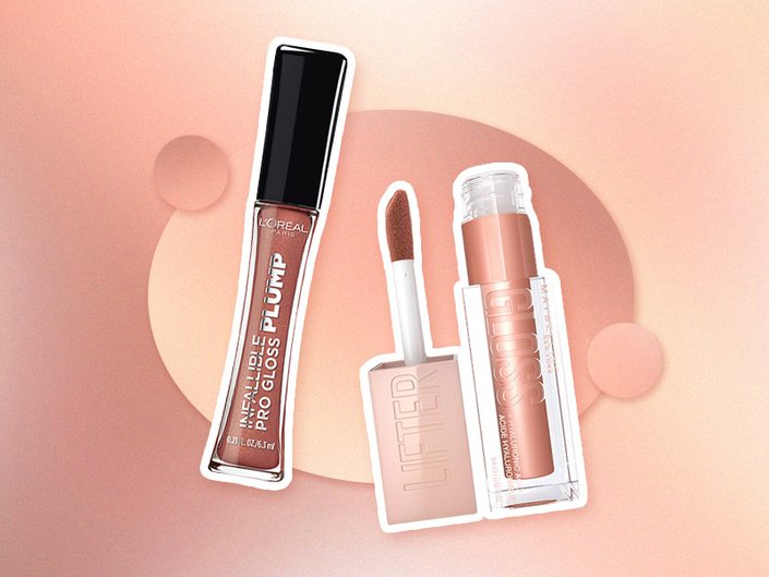 loreal paris lip gloss and maybelline lip gloss collaged onto a light pink rose gold background