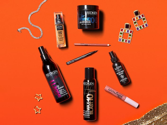 an array of NYX and Redken Products