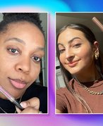 editors holding the nyx zero to brow longwear gel collaged onto a multi-color blue and purple background