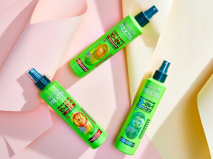 Picture of three Garnier Fructis Sleek & Shine 10-in-1 Leave-in Sprays