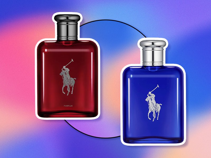 Collage of two Ralph Lauren fragrances on a multicolored gradient background