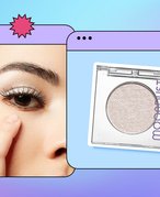 collage of person wearing white eyeshadow and white eyeshadow product on a blue and purple background