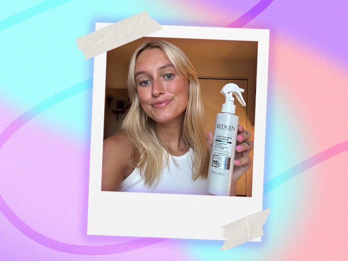 Photo of editor with long blonde hair holding the Redken Acidic Bonding Concentrate Liquid Conditioner, collaged on a pastel tie-dye background