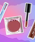 Collage of Tower 28 BeachPlease Luminous Tinted Balm, Ami Colé Lip Treatment Oil and Alleyoop Pen Pail 4-in-1 Touchup Pen on a purple background. 