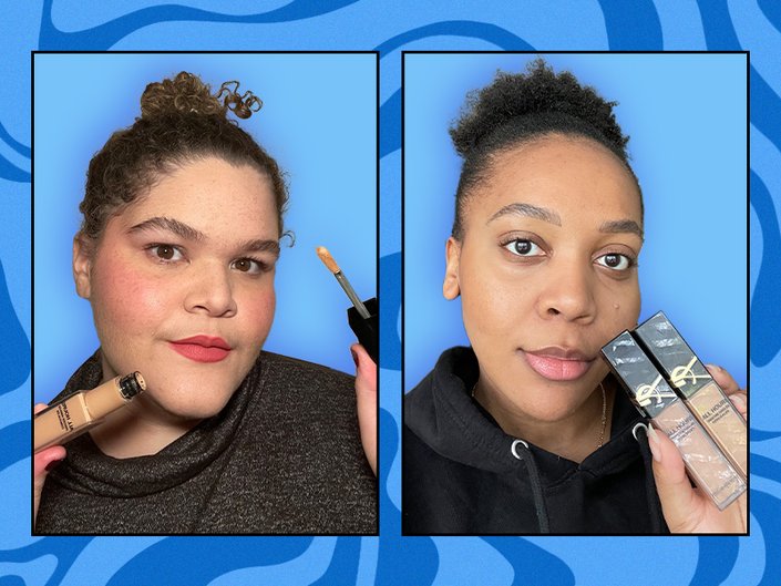 Photos of two editors wearing and holding up the YSL Beauty All Hours Creaseless Precise Angles Concealer, collaged on a blue graphic background