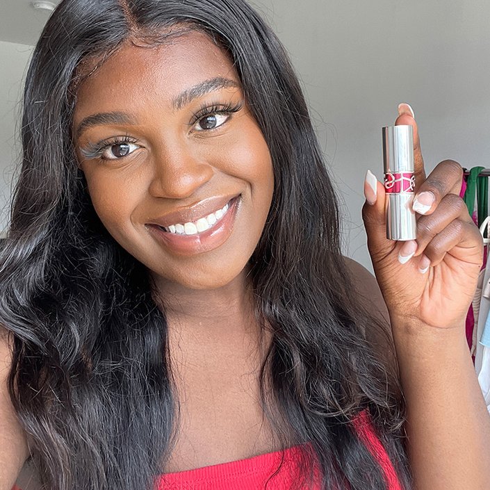 Sarah wearing the YSL Beauty Rouge Volupté Candy Glaze Lip Gloss Stick in Scenic Brown