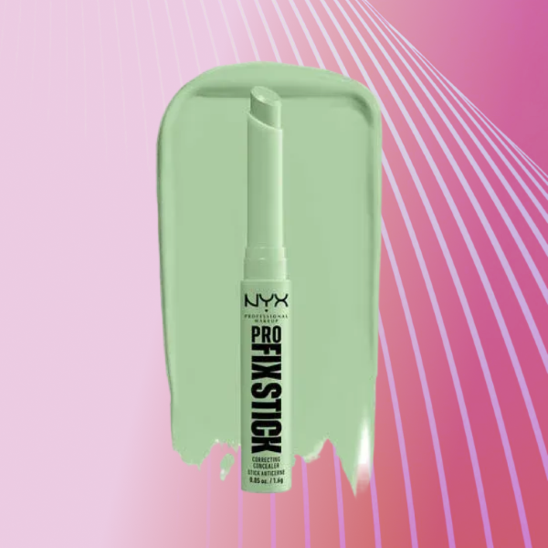 A swatch and bottle of Nyx Pro Fix Stick on a pink background