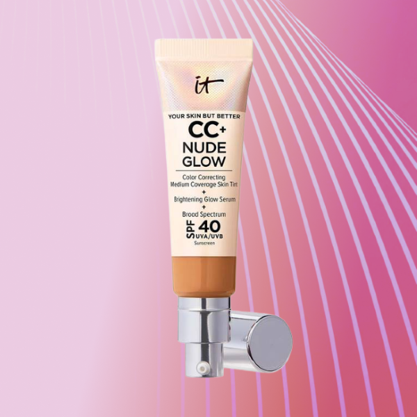 ItCosmetics CC+ Nude Glow on a pink background