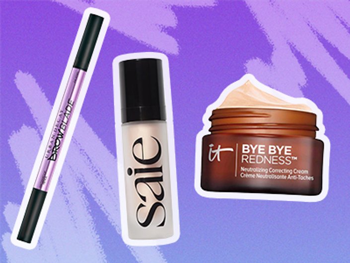 collage of editors with new makeup products